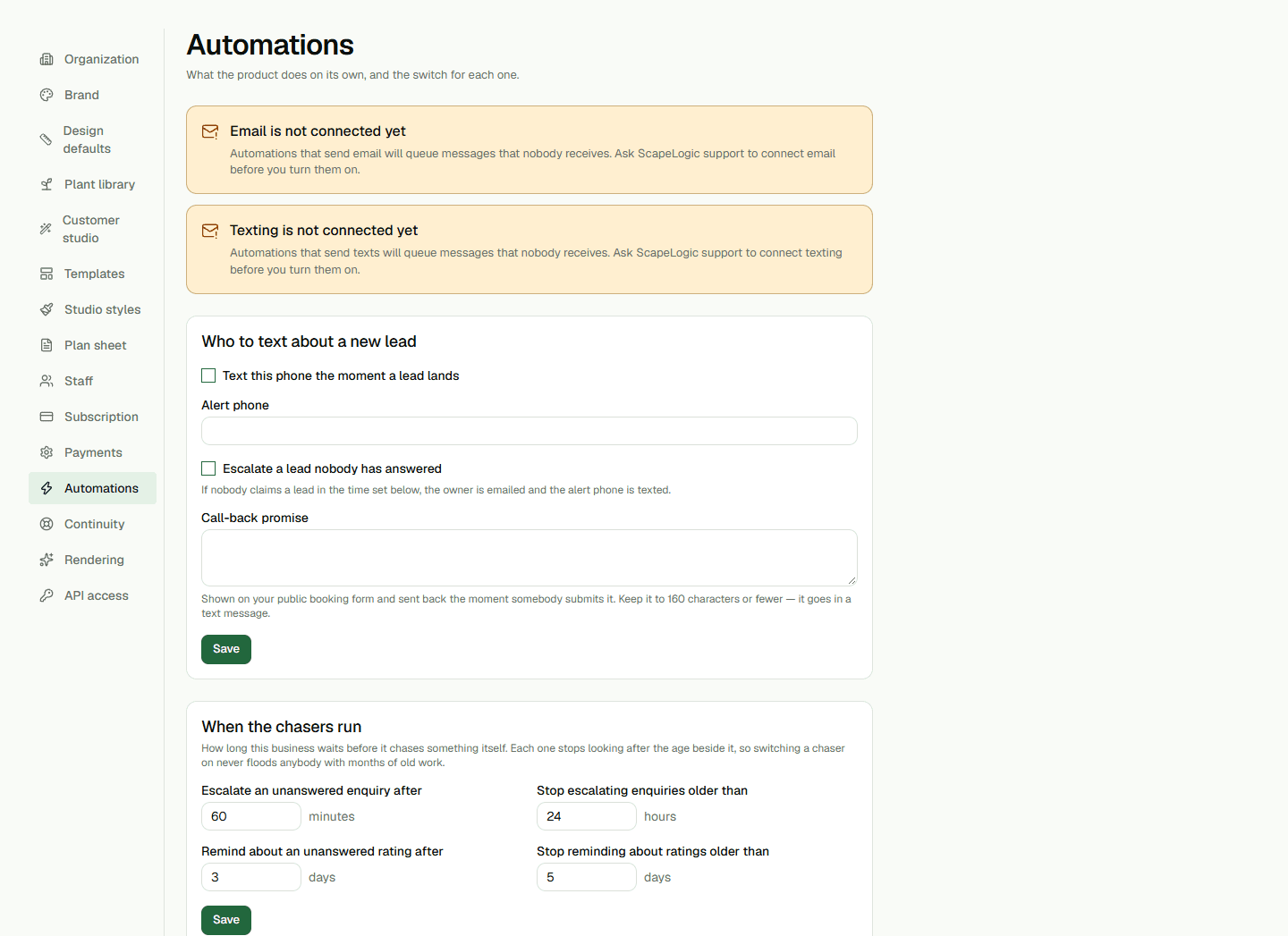 Automations page showing the follow-up gallery and delivery notices.
