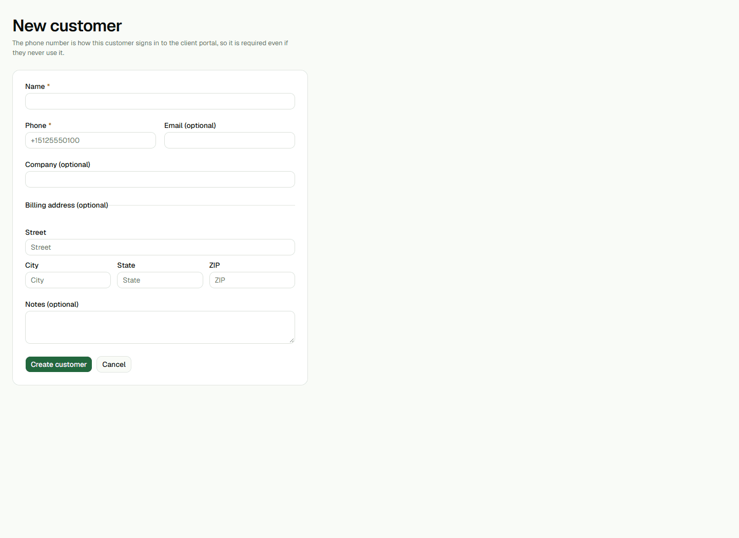 New customer form with required contact fields.