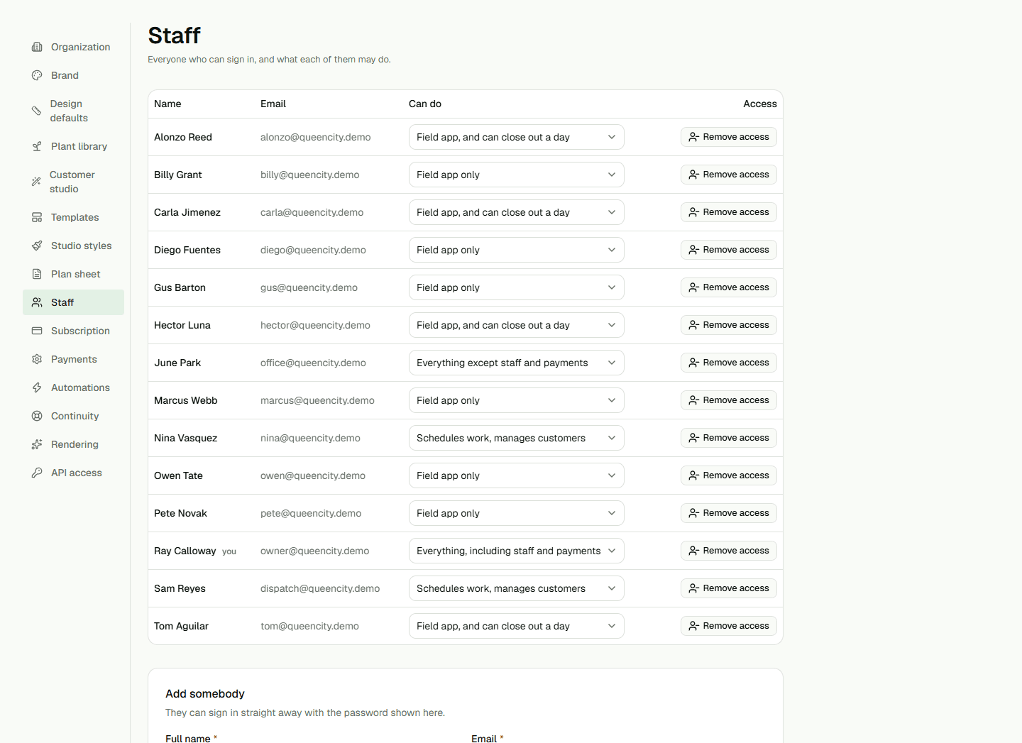 Staff settings with the team list and access controls.