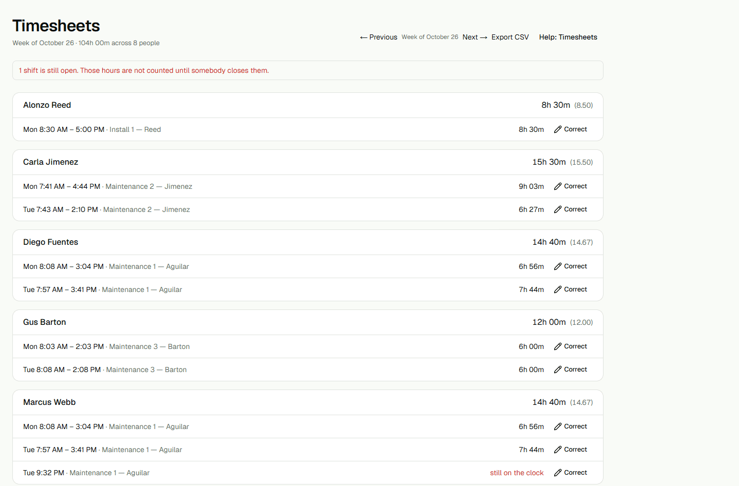 Screenshot: Read the weekly hours.