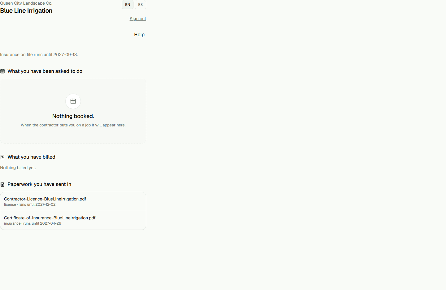 Screenshot: Use your subcontractor home.