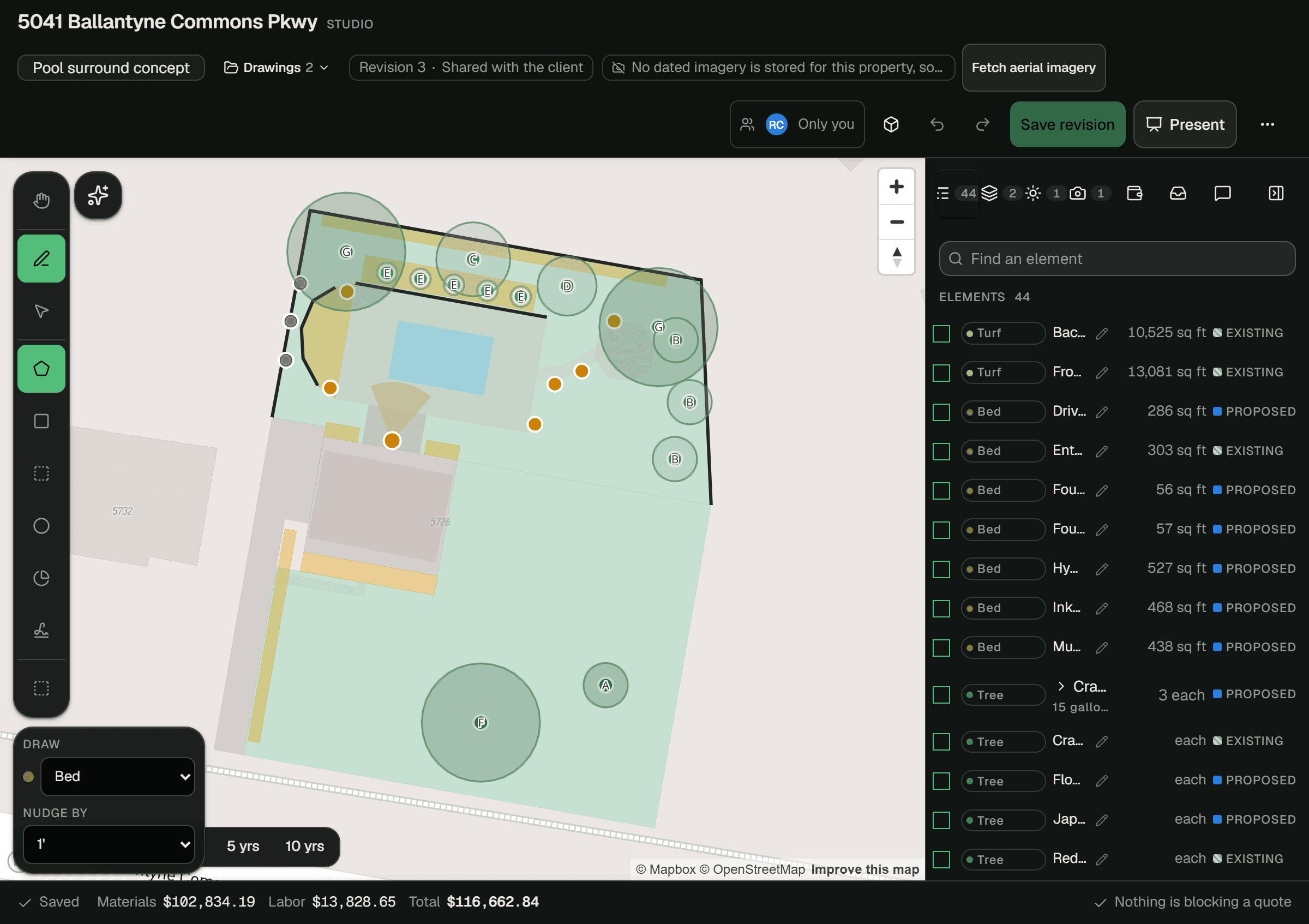 The design studio: a pool-surround design, with materials, labor and total priced as it is drawn