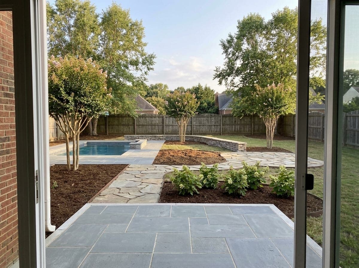 A back yard rendered from its design: a pool, a bluestone patio, flagstone paths, mulched beds and crape myrtles