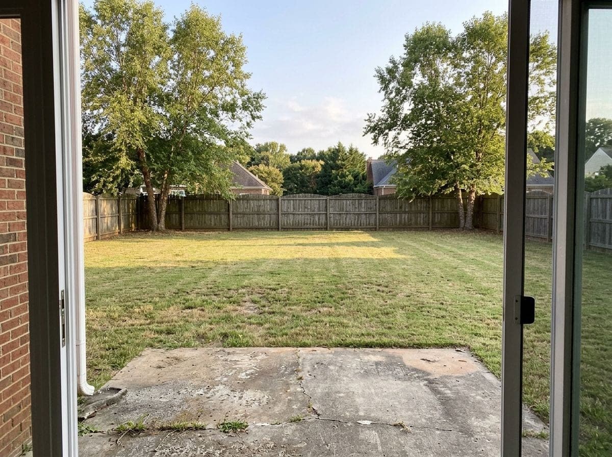 The same view before: worn lawn, a cracked concrete pad and a privacy fence