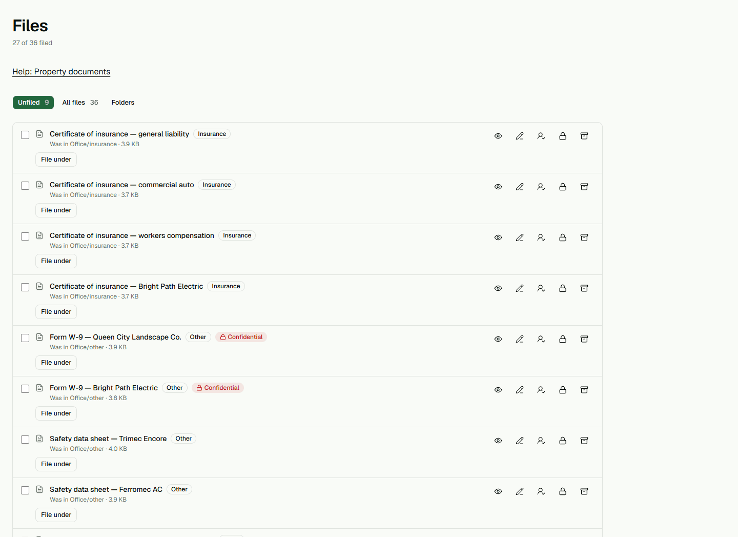 Files page with the document library and its views.