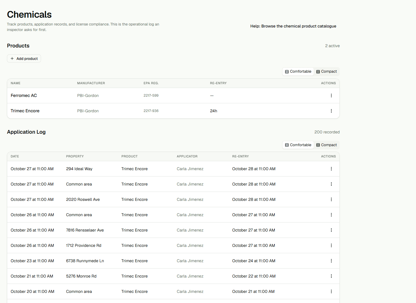 Chemicals page with the recorded application log.